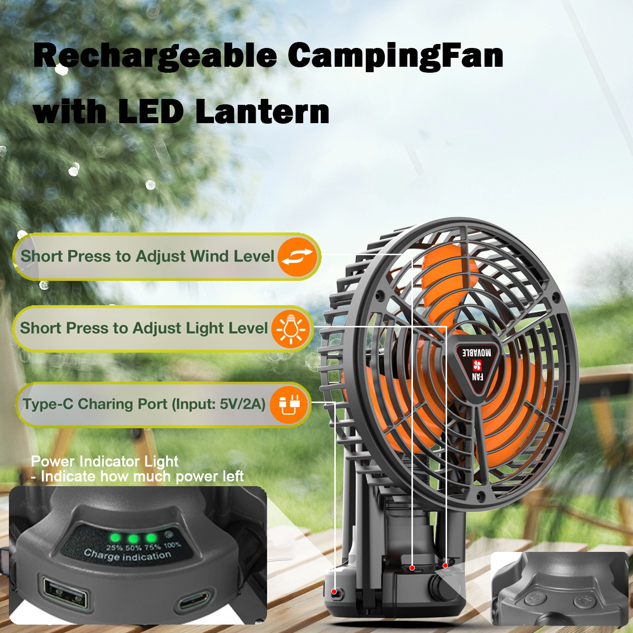 Ventilador Portátil para Camping 10400mAh con Luz LED y Oscilación de 270° image 2