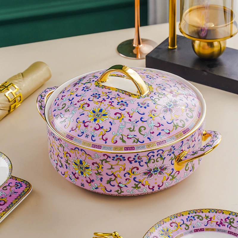 Эмалированная цветная большая миска с крышкой для супа Jingdezhen ретро переплетенный лотос Wanhua большая кастрюля для супа китайские миски с двумя ушками большая кастрюля для супа