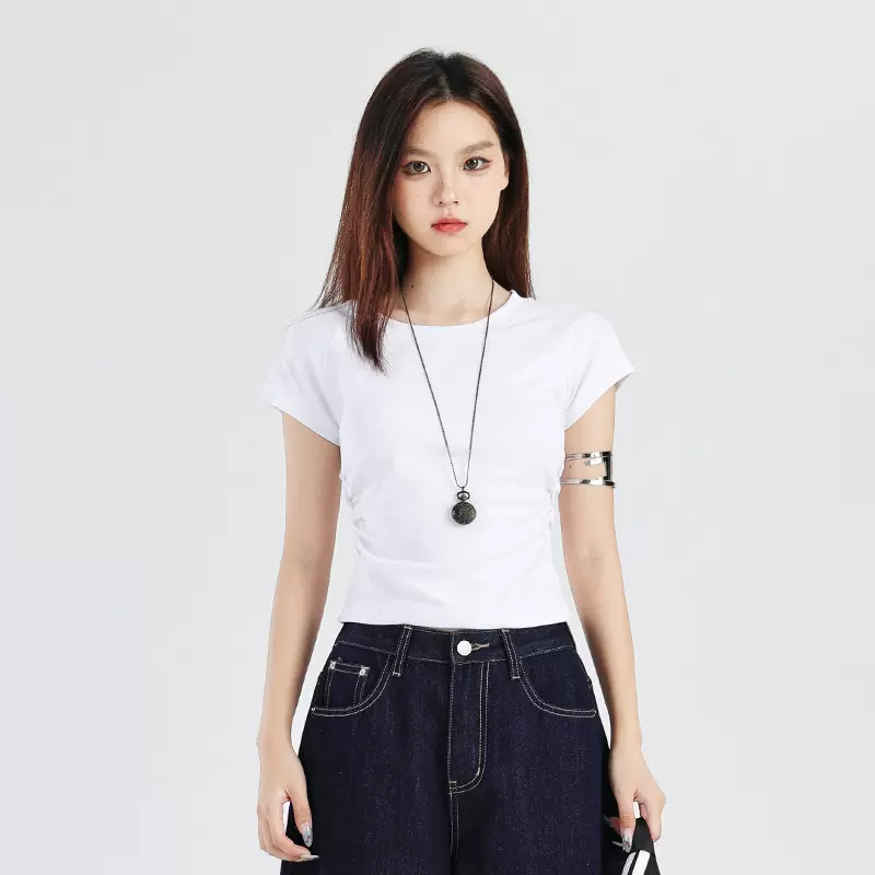 橙绢女装#纯色简约镂空圆领短袖T恤修身显瘦双侧褶皱百搭女上衣潮