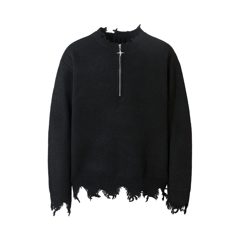 Pull zippé à ourlet endommagé de la rue haute, pull en tricot de niche hip-hop surdimensionné de marque de mode américaine pour hommes_voghion.com