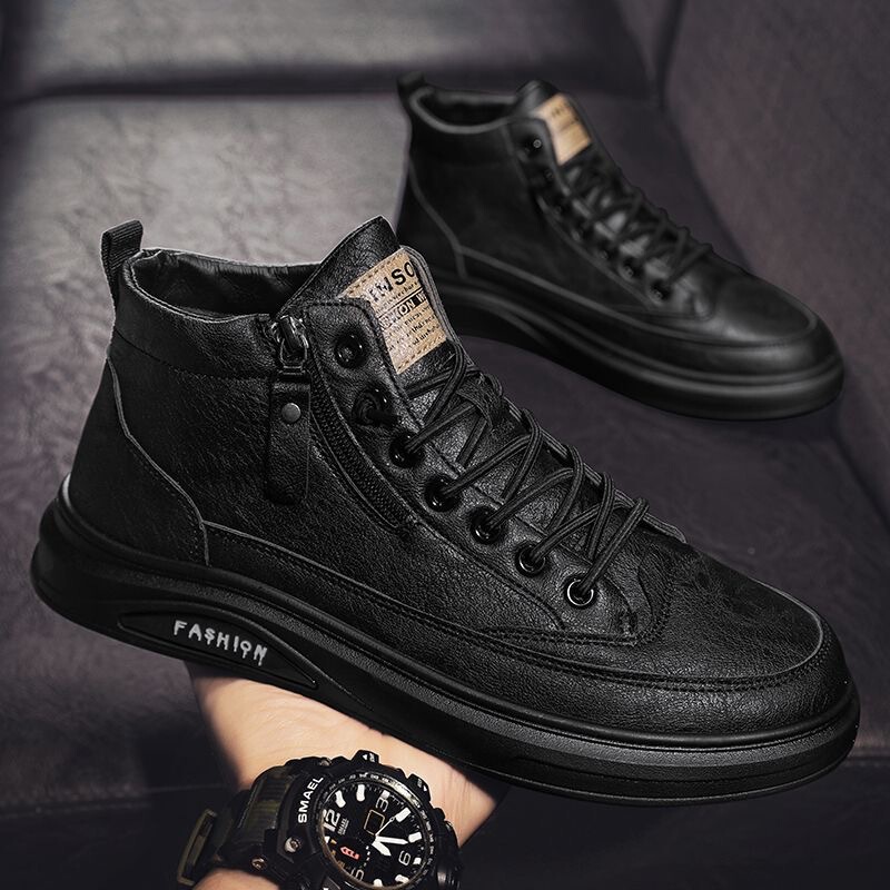 Spring Men's Shoes New breathable non-slip high-top chef shoes men's trendy all-match black leather shoes casual shoes board shoes Spring Men's Shoes New breathable non-slip high-top chef shoes men's trendy all-match black leather shoes casual shoes board shoes