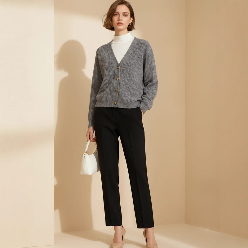 Lp Same Style 100% Merino Wool Knitwear Women's Autumn and Winter Long-Sleeved V-Neck Cable Casual Cardigan Jacket