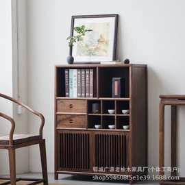 榆木中式餐边立柜酒柜茶室大容量书柜禅意玄关茶叶收纳实木储物柜