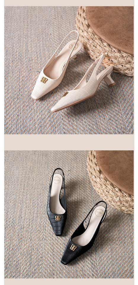 Sandal nữ bít mũi hở gót mũi vuông nhỏ vân cá sấu khóa kim loại, gót vuông 3–6 cm — Màu trắng ngà, Màu vàng nhạt, màu đen chi tiết 8