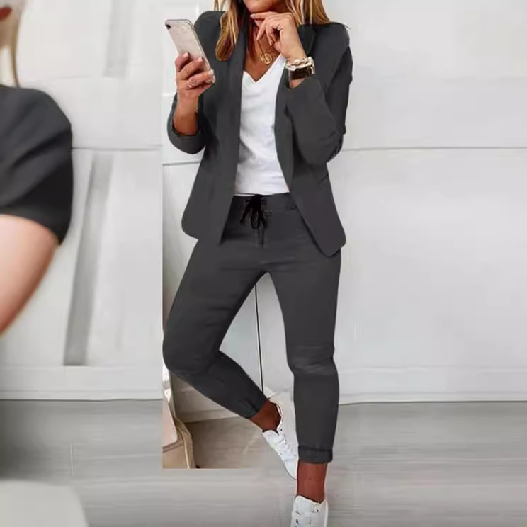 Stylowa damska niebieska marynarka z długim rękawem i otwartym przodem, kardigan w jednolitym kolorze, strój biurowy, swobodny i elegancki_voghion.com