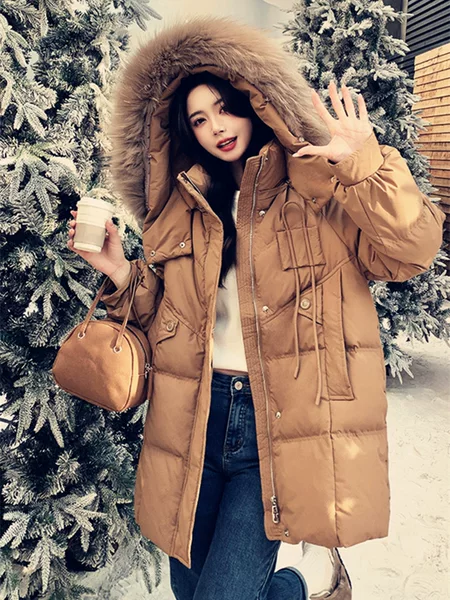 2025 New Loose Mid-Length Detachable Hooded Plus-Size down Jacket with Fur Collar 100kg