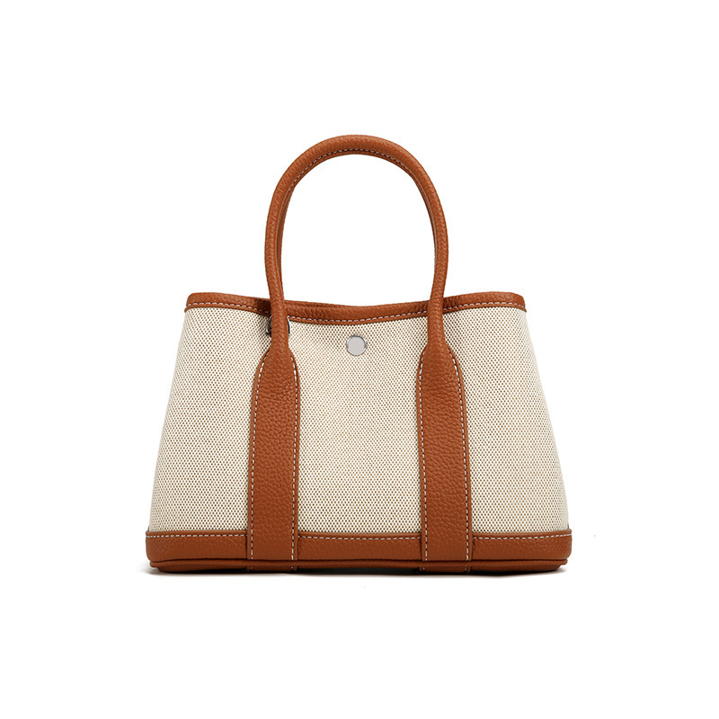 Cross-Border 2025 Canvas and Leather Tote Casual Garden Brown Crossbody Handbag Shoulder Bag with Black Color-Blocking