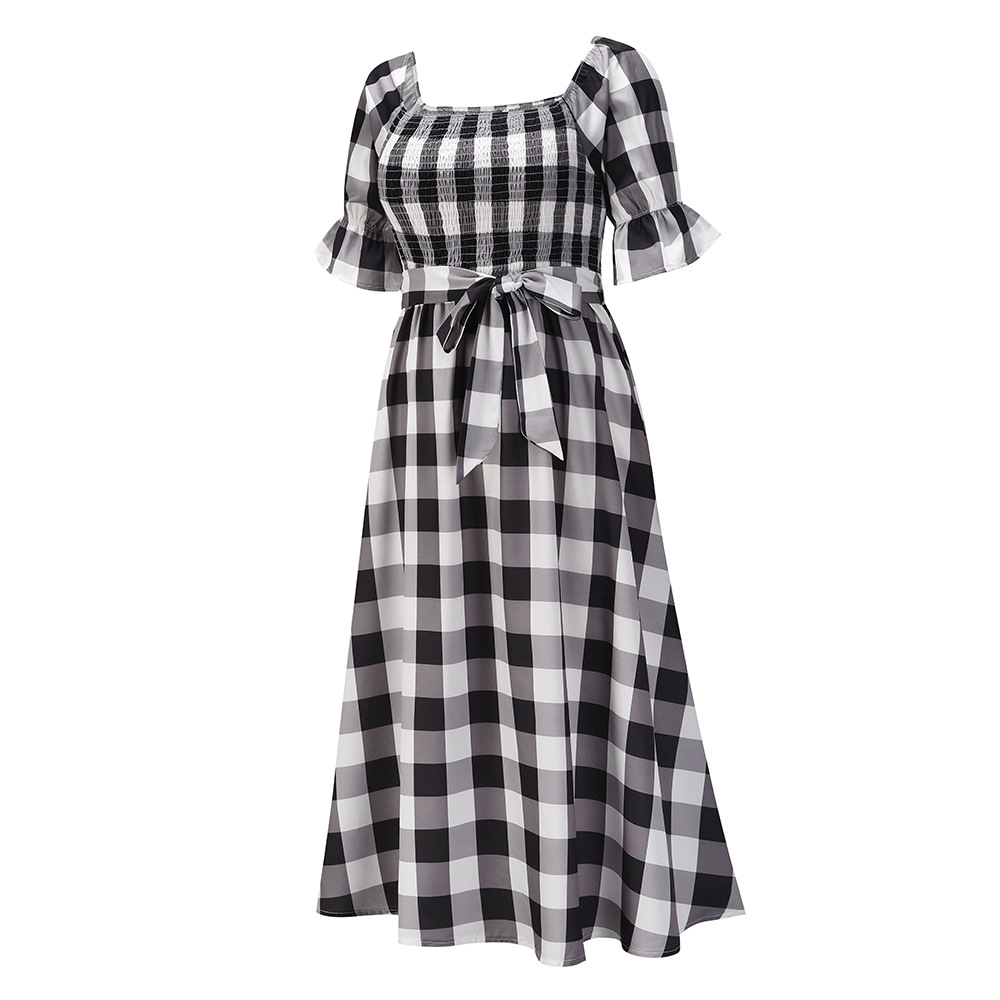 Slim puff-short sleeve square neck lace-up plaid dress NSHYG118150