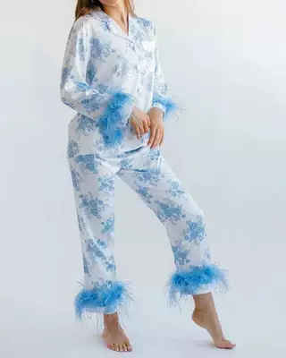 European And American Christmas Satin Printed Casual Long Sleeve Pants Pajamas Suit - Blue - View 1