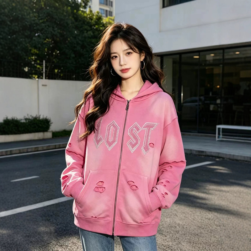 Distressed Zip-Up Sweatshirt with Rhinestone Print, Loose-Fit Casual Jacket from a Niche Fashion Brand! Denim Tears
