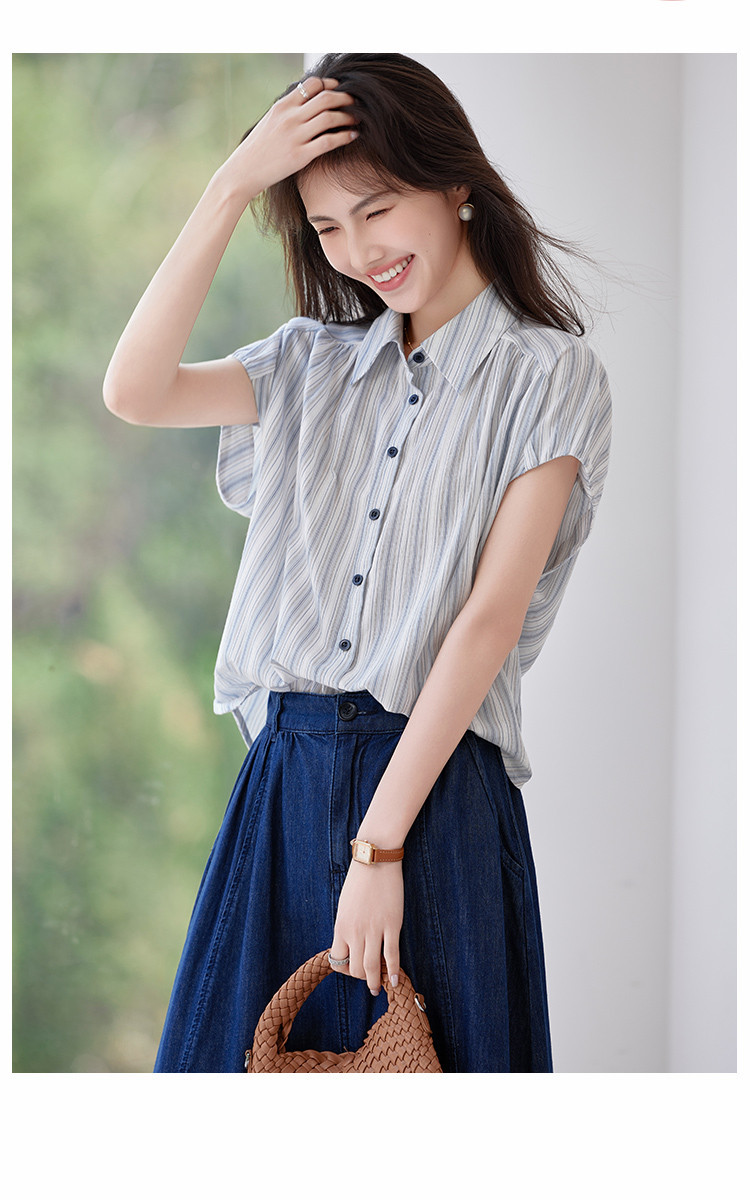 Áo sơ mi nữ tay ngắn dáng nhỏ phong cách đơn giản thời trang hè — màu xanh chi tiết 7