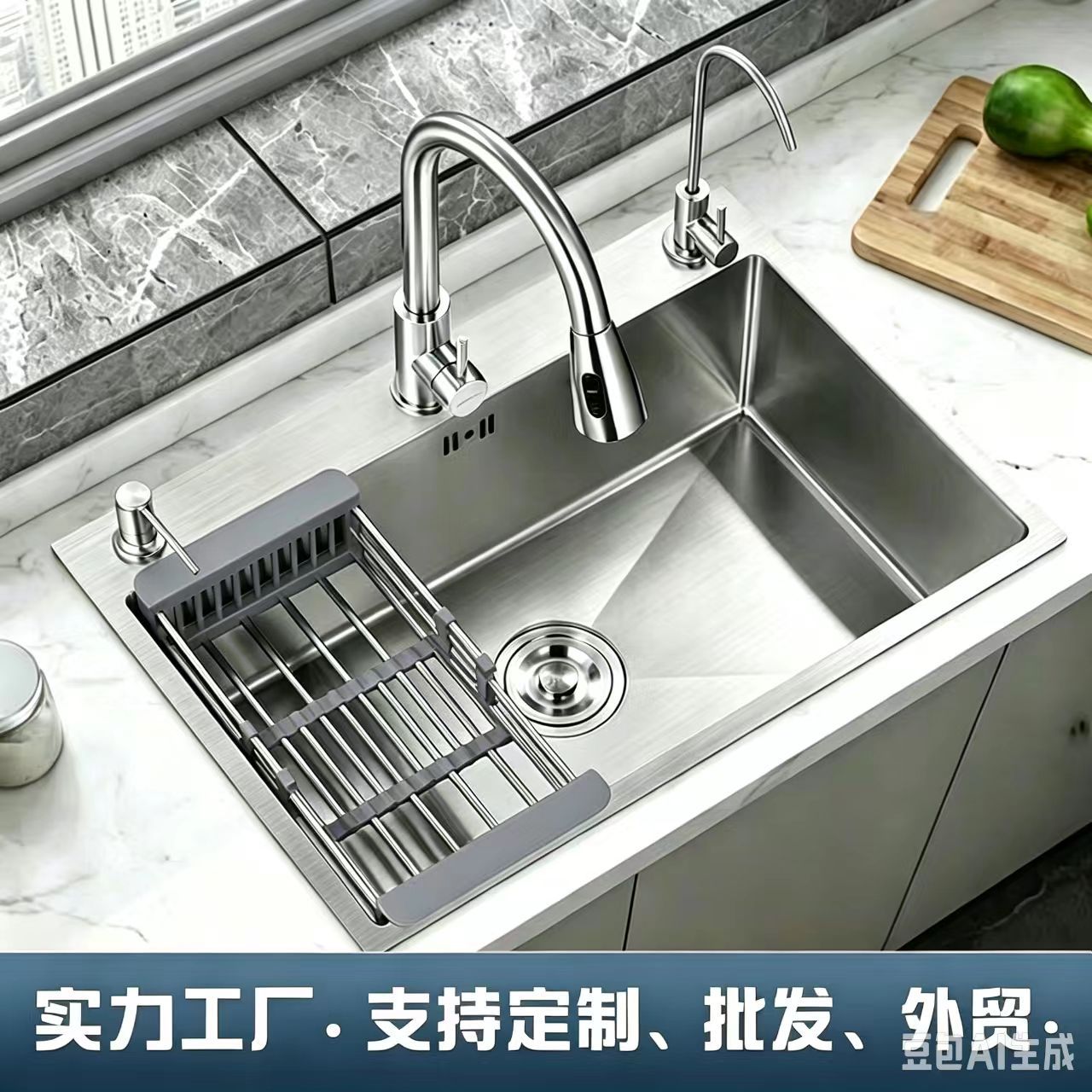 Stainless steel washbasin, multifunctional brushed large single sink, large capacity kitchen dishwashing sink, 304 stainless steel