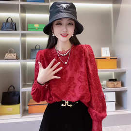 新中式国风衬衫女秋季新款减龄洋气半透明小衫气质提花上衣T恤