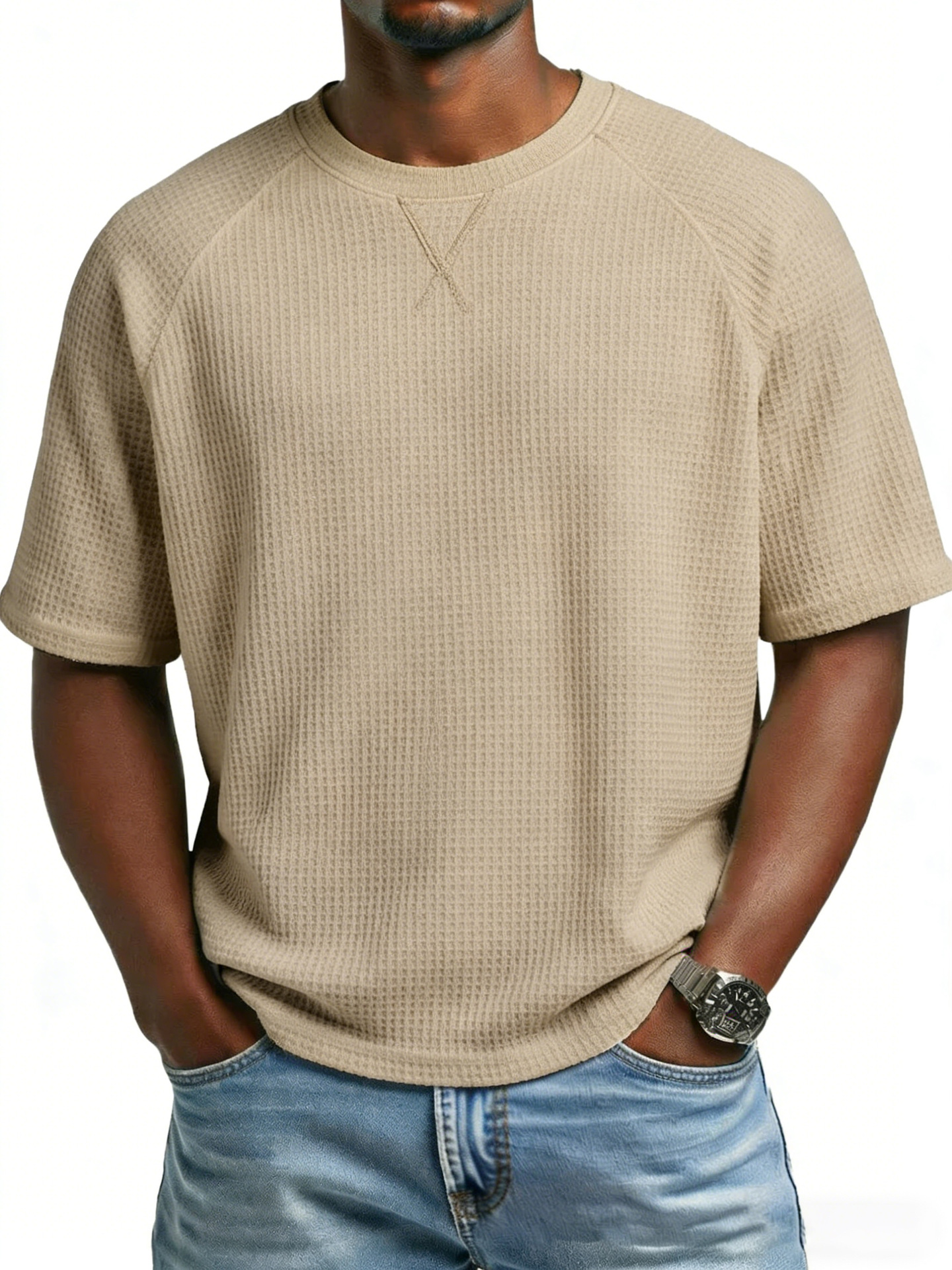 Europa y los Estados Unidos primavera y verano estación independiente transfronteriza hombre waffle de punto de manga de hombro cuello redondo TK manga corta camiseta de comercio exterior de hombre