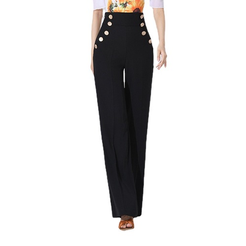 Women girls black blue high waist latin dance pants wide-legged ballroom salsa waltz rumba dance pants trousers of ballroom dancing ballroom long swing pants