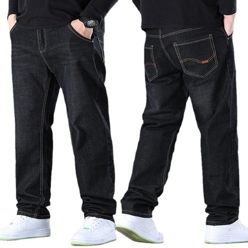 Men's Straight Leg Loose Stretch Denim Jeans, Mid-Waist, Spring and Summer, Medium, Casual