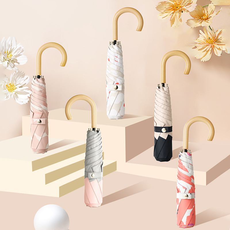 高级感日式弯钩折叠太阳伞女黑胶防晒防紫外线晴雨两用遮阳伞清新