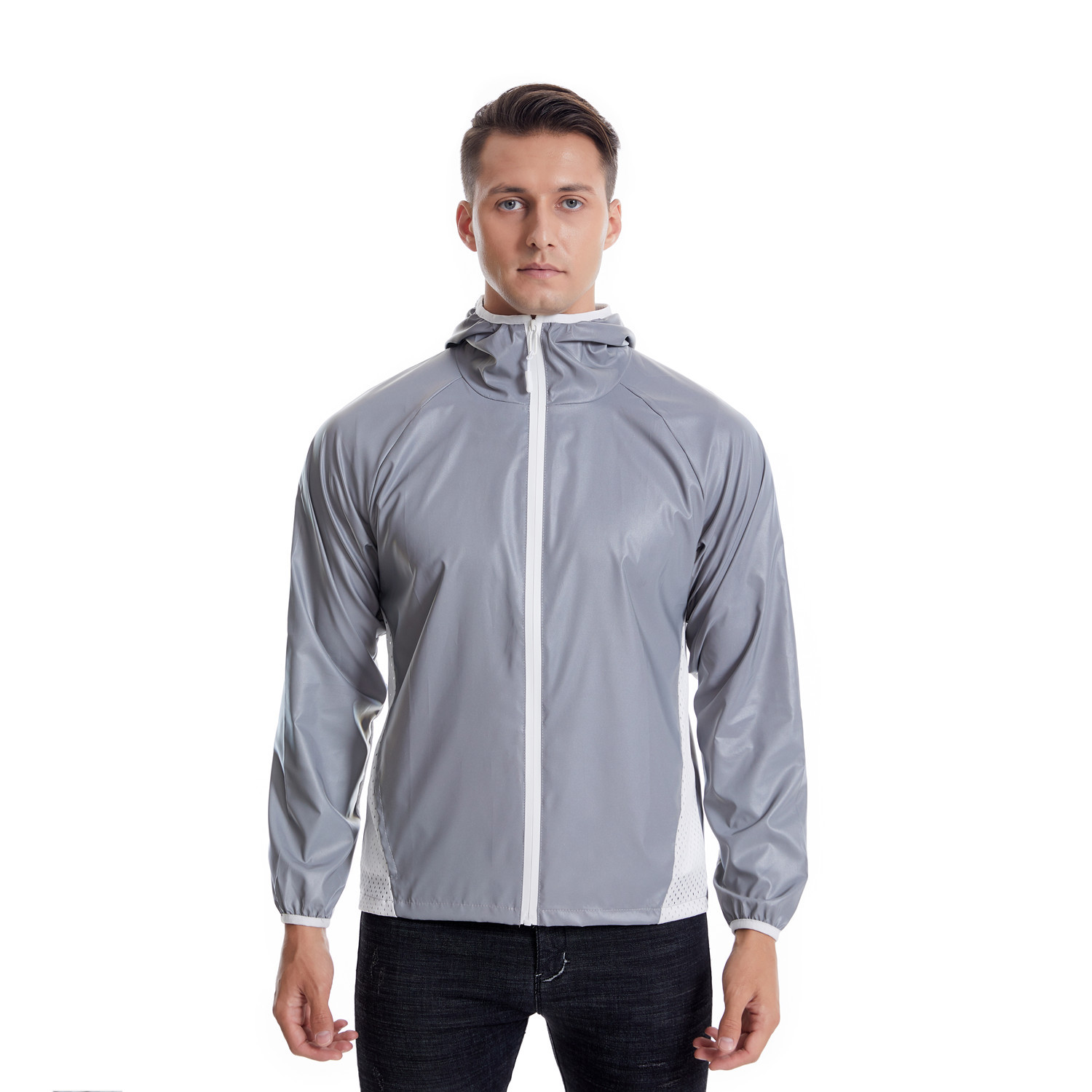 Abbigliamento da uomo, giacca riflettente colorata, sport all'aria aperta, con giunture in rete, giacca con cappuccio traspirante_voghion.com