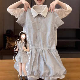 2026新款miu系假两件灰色polo连衣裙子女夏季小个子收腰花苞短裙