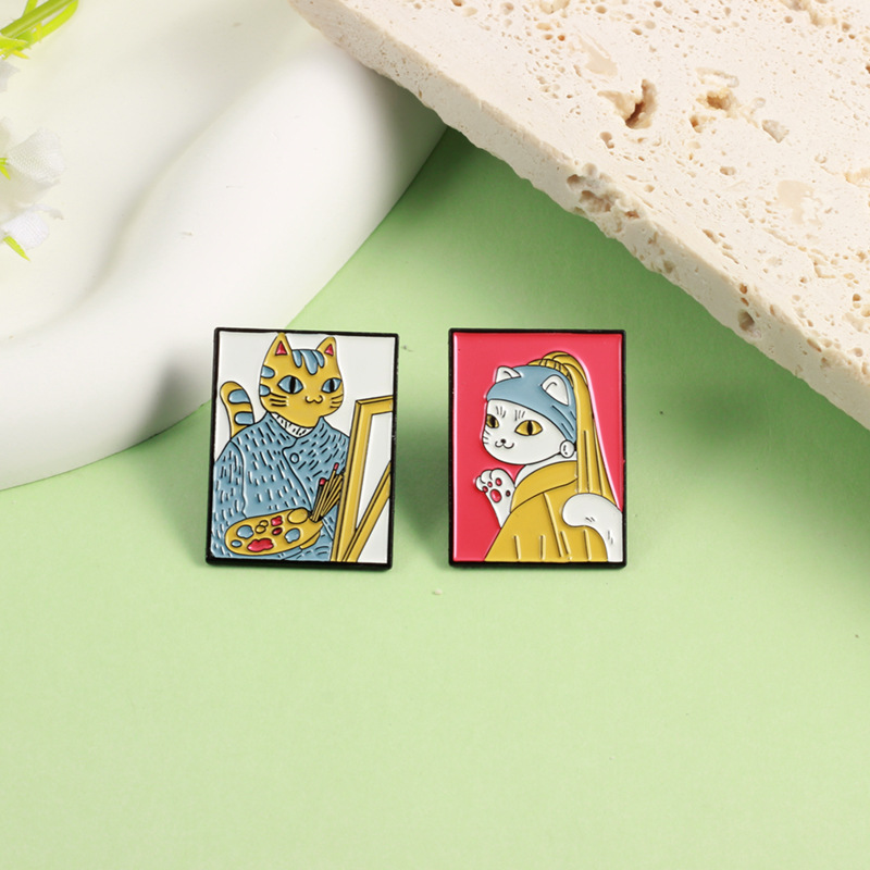 Badge, Van Gogh, Oil Painting, Cat Pattern Cartoon Style Pin Badge Van Gogh Oil Painting Alloy Unisex Brooches