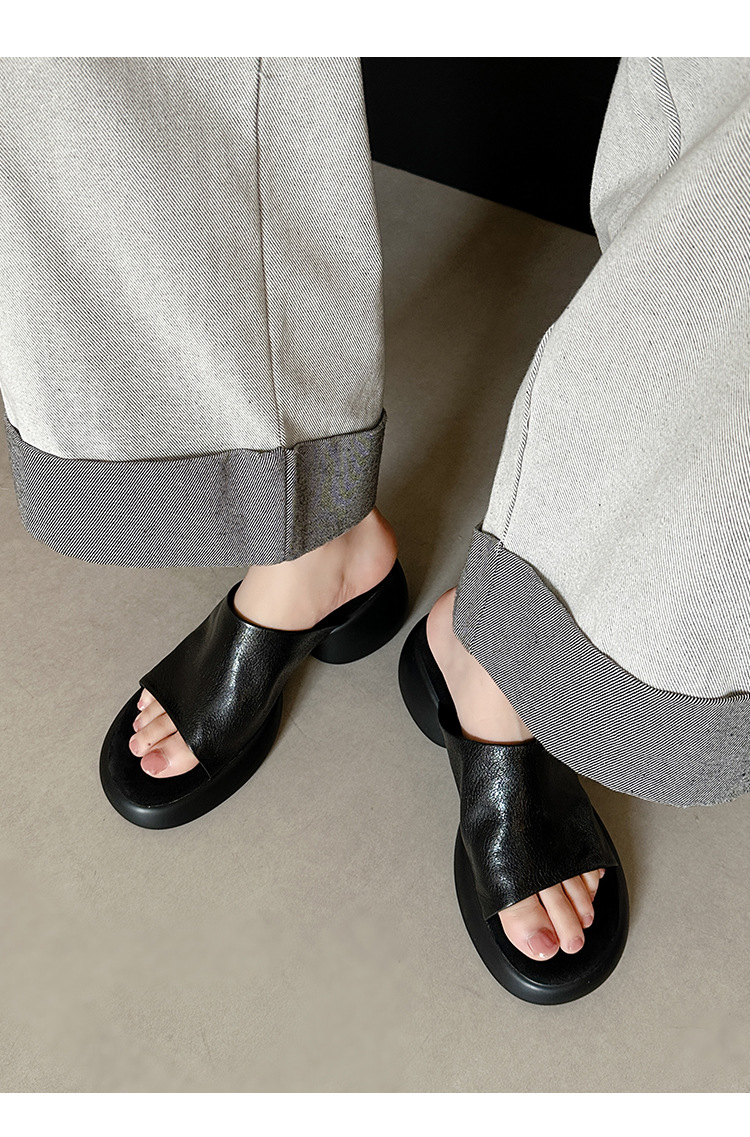 Dép lê nữ da cừu đế dày 7 cm, sandal hở mũi tăng chiều cao — đen chi tiết 20