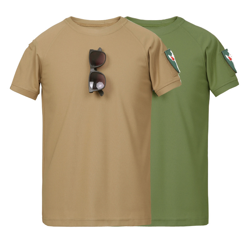 Camiseta de manga corta elástica al aire libre, secado rápido, camiseta de entrenamiento transpirable de malla de verano para hombres, camiseta de cuello redondo táctica suelta, manga corta