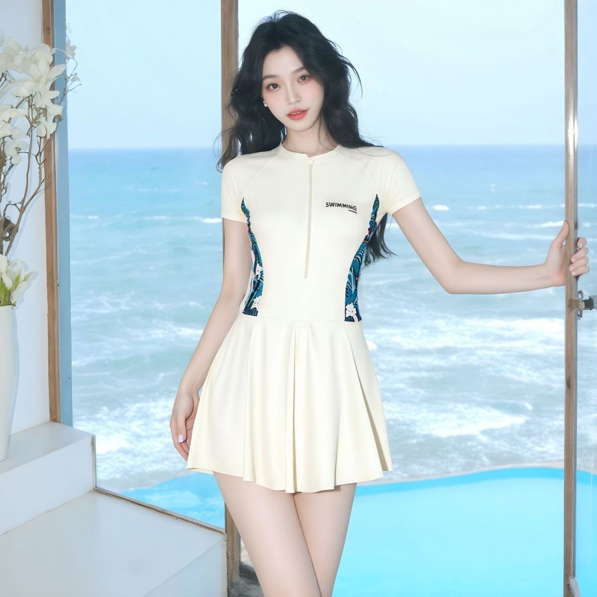 Swimsuit for Women, Summer Sports, Belly-Covering, Slimming Look, Hot Spring Swimming Pool, Comfortable Short-Sleeved One-Piece, Conservative Seaside Swimwear