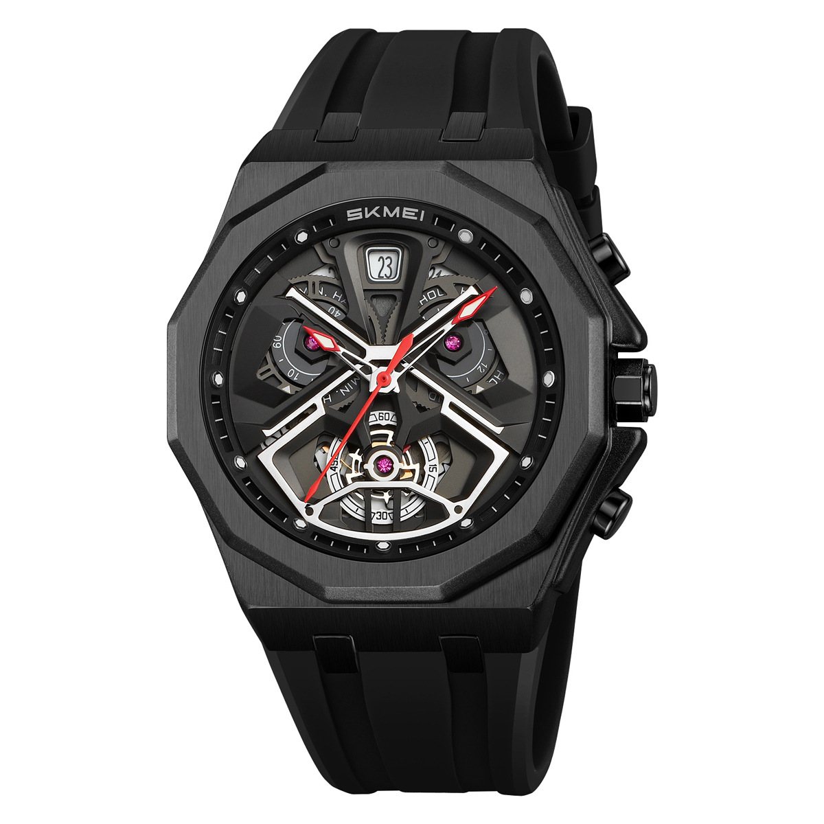Momento de belleza para hombres octogonal oro viento mecánico reloj de cuarzo transfronterizo correa de silicona multifuncional relojes de pulsera ocio