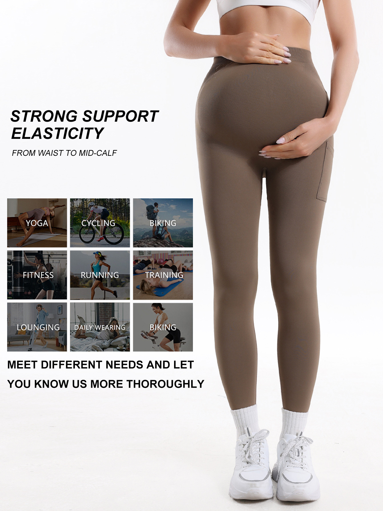 Pantalones de yoga sin costuras de estilo europeo y americano para mujeres embarazadas con bolsillos, pantalones de maternidad para fitness, leggings de maternidad ajustados que realzan los glúteos.
