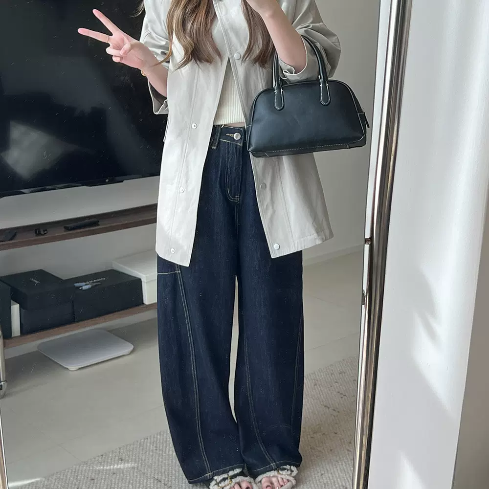 牛仔弯刀裤女2025冬季新款韩版高腰廓形显瘦丹宁裤子牛仔裤