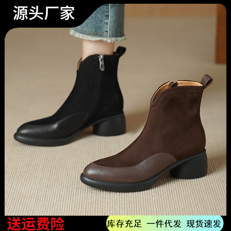 翻毛皮短靴女春秋单靴2025新款尖头中跟高跟靴粗跟真皮磨砂冬加绒|undefined