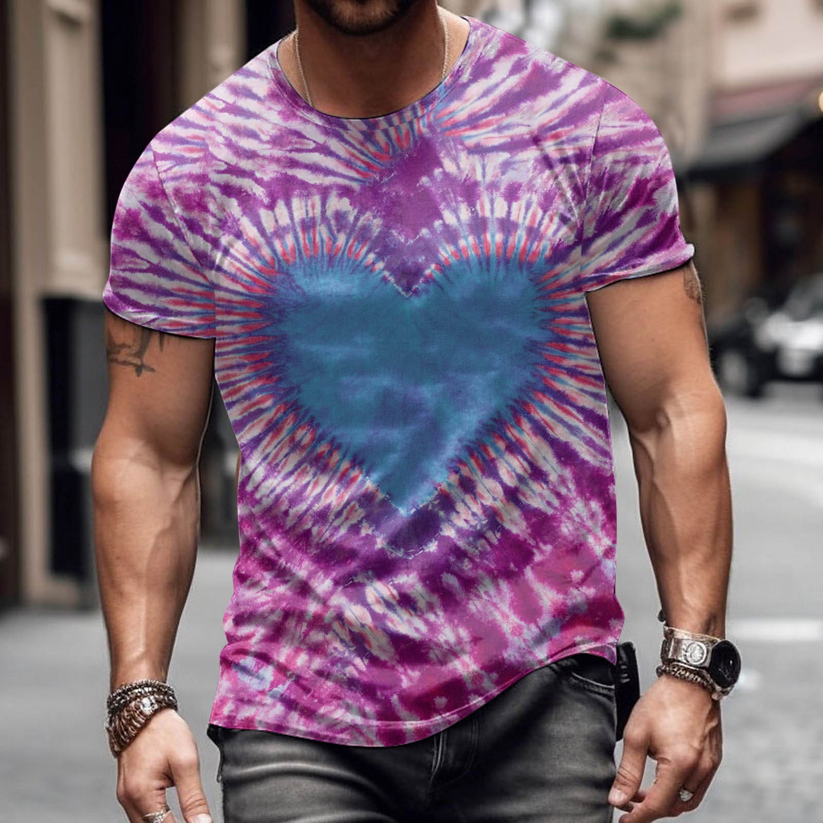 Moda romántica Día de San Valentín colorido amor 3D cepillado lleno de impresión de los hombres calle alta suelta transpirable camiseta de manga corta en stock