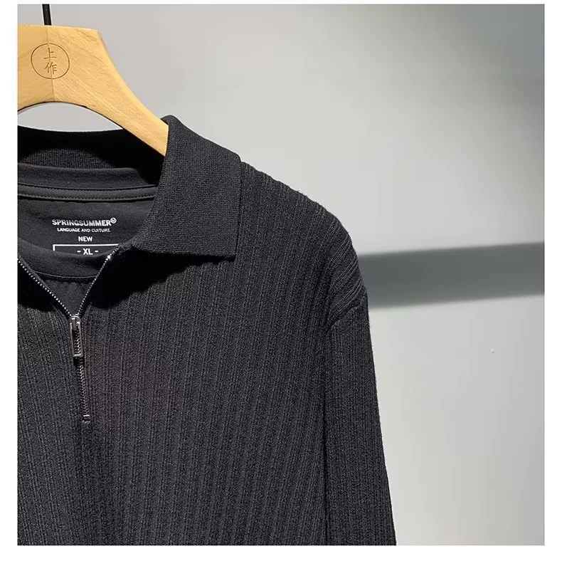 Demi-season keep warm knitted polo with zipper, men's colored base sweater, slim fit, with a zipper