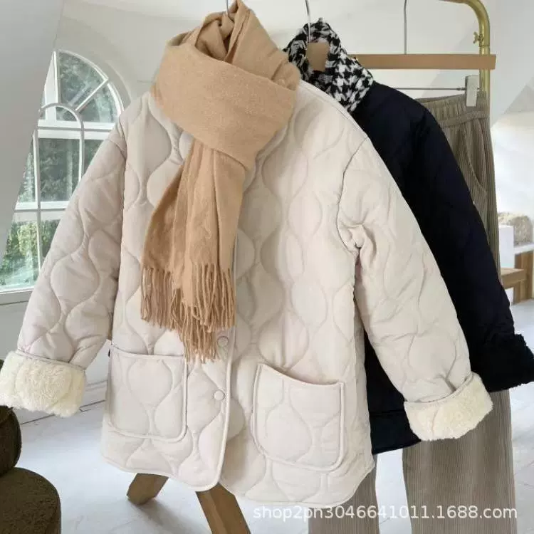2025 безворотниковое зимнее пальто из овечьей шерсти с ромбовидным клетчатым узором в корейском стиле, свободное маленькое ароматное теплое хлопковое пальто для женщин для защиты от холода