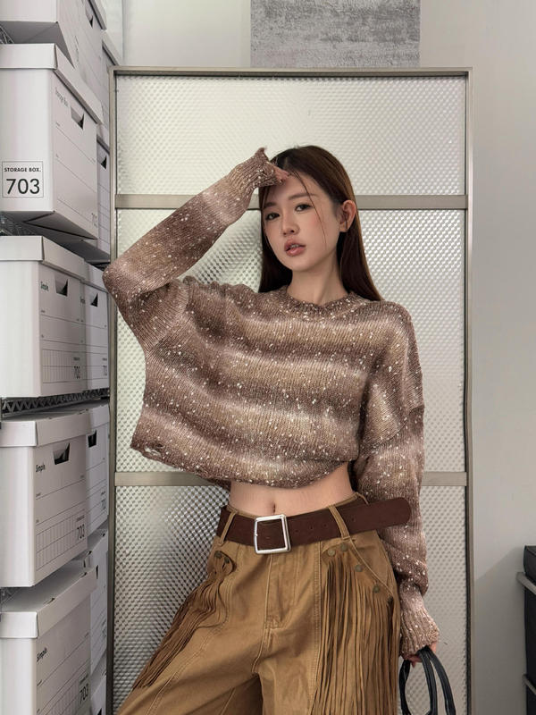 ME KAKAMEE十三行秋慵懒混纱彩点工艺条纹短款毛衣针织衫女 6019|undefined