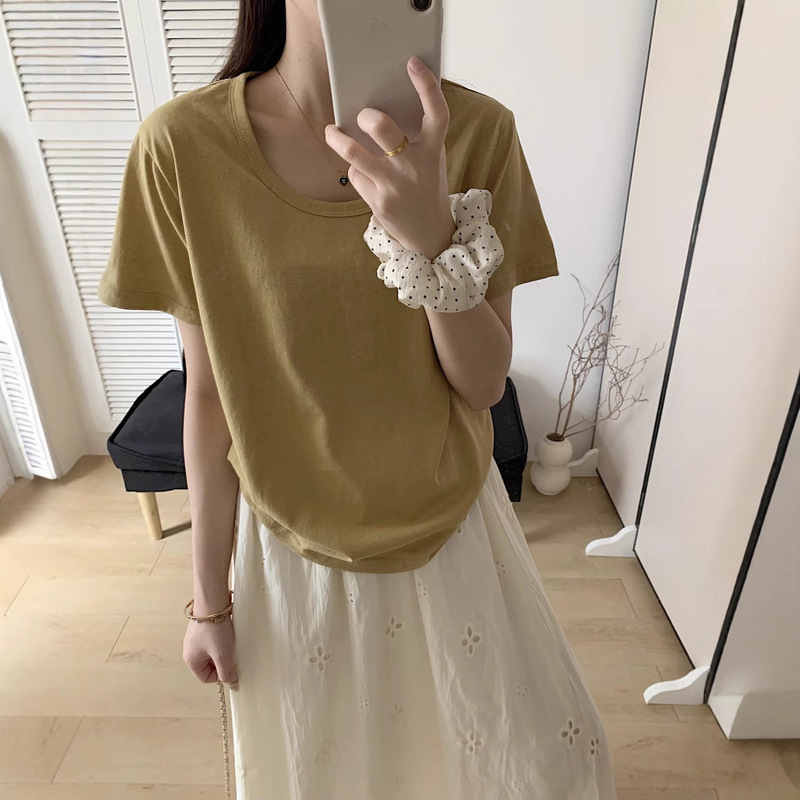 Real Shot Korean Style Laid-back U-collar Short-sleeved T-shirt Women's Summer Solid Color Simple All-match Basic Slim-fit Loose Ramie Top