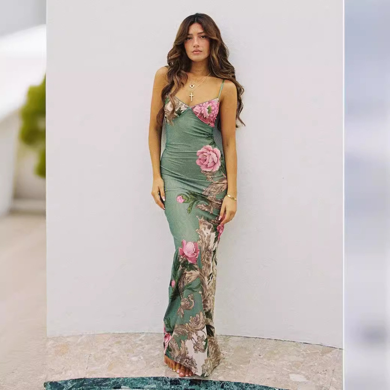 New Women's Long Dress Holiday Elegant Slim-fit Printed Design Sling Dress Women's Clothing