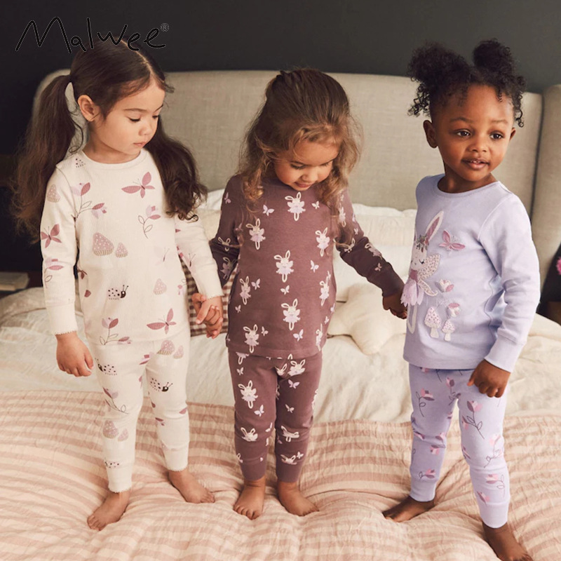 跨境malwee女童家居服秋冬新款欧美中小童圆领长袖套装可爱两件套