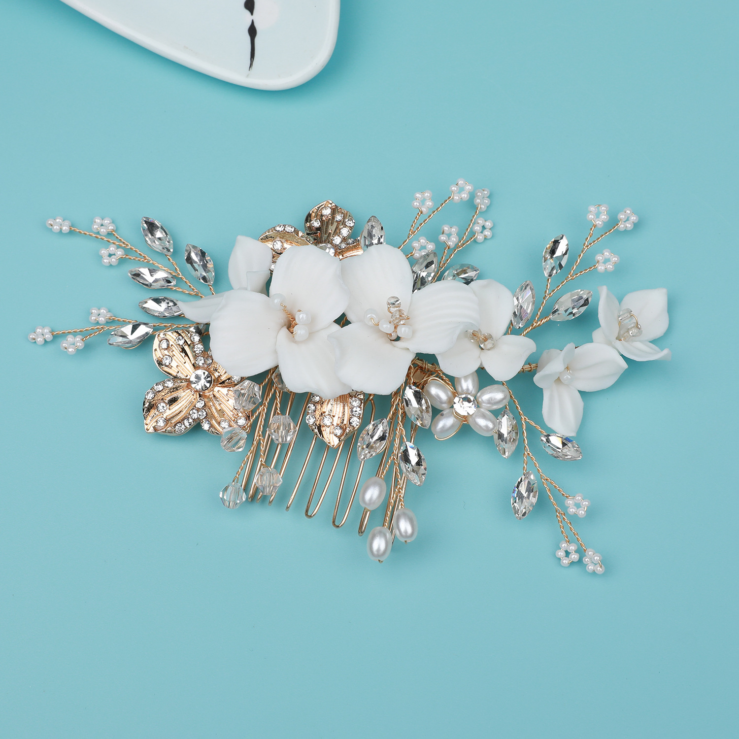 跨境珍珠陶瓷插梳古風漢服髮飾婚禮寫真新娘頭飾氣質花朵珍珠發梳