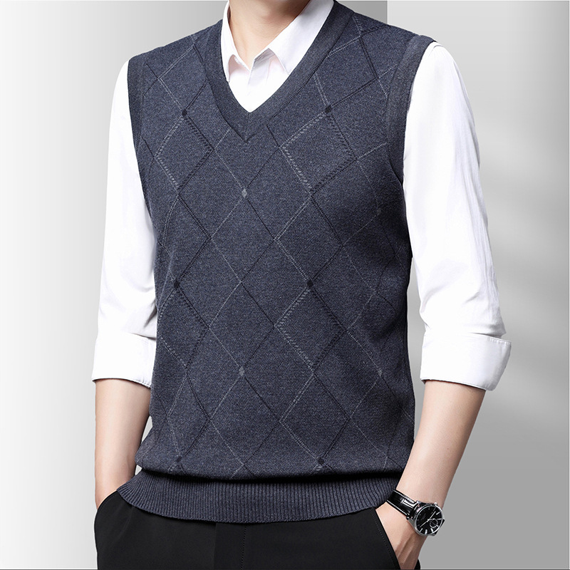 2026 Spring and Autumn V-Neck Sweater Vest for Men with Diamond Pattern and Wool Blend, Business Men's Knitwear Vest
