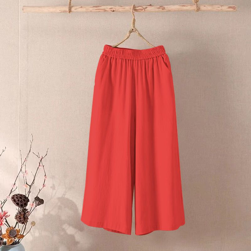 2026 Summer Casual Cotton and Linen Wide-Leg Pants Solid Color Plus-Size Women's New Loose Elastic Waist Cropped Pants That Cover the Body and Are Trendy