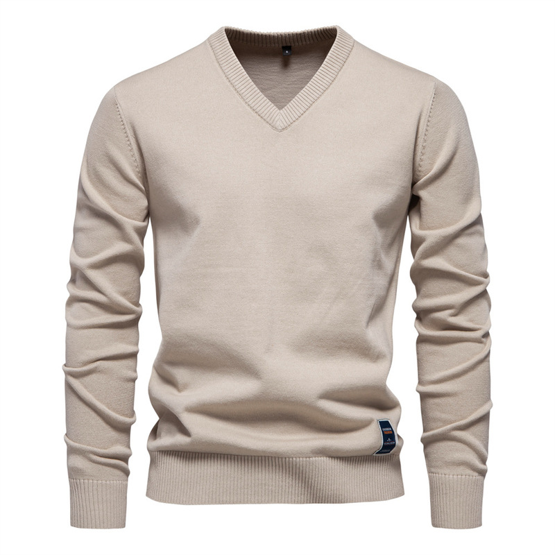 2024 Autumn and Winter New Cotton Cross-border Trade Solid Color Sweater V-Neck Trendy Men's Sweater Men's Sweater