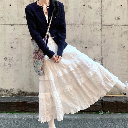 Lace cake dress for women 2025 high-waisted slimming waist-cinching mini skirt for petite figures white early autumn long dress A-line