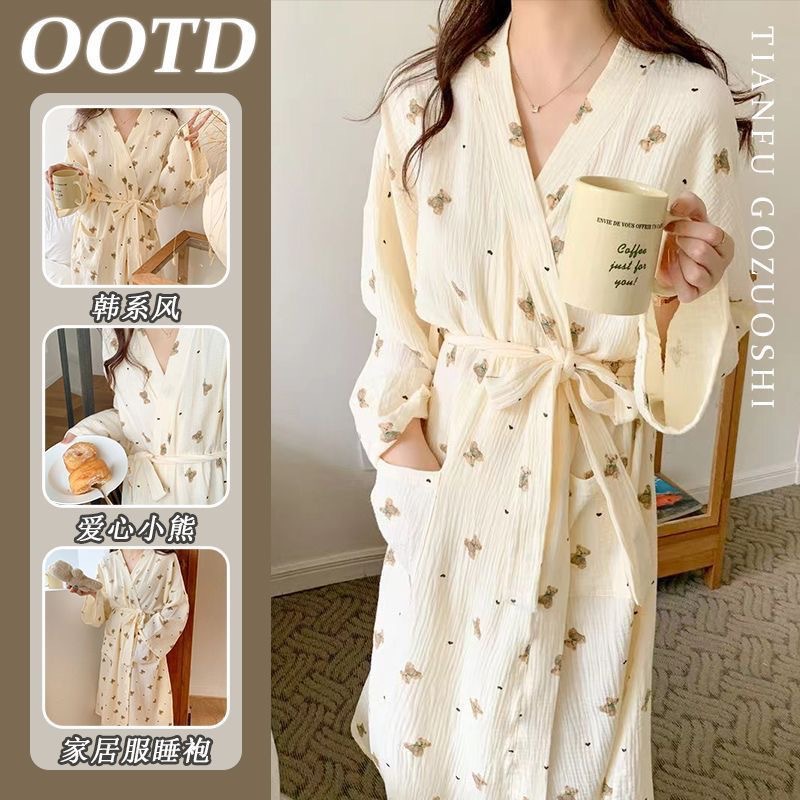 Japanese-Style Yukata Kimono Robe for Women, Autumn Nightdress, Cute Bear Bathrobe, Long Pajamas, Loungewear, Autumn Style for Going Out