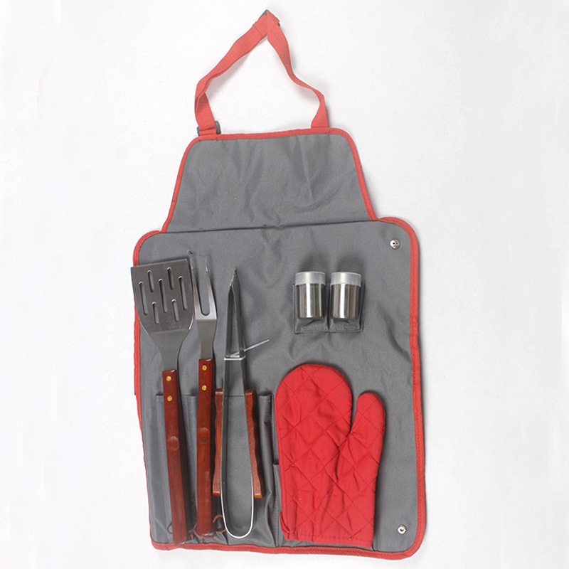 Acero inoxidable barbacoa mango de madera parrilla traje delantal bolsa de tela 7 piezas barbacoa herramientas a prueba de calor guantes fuente de fábrica