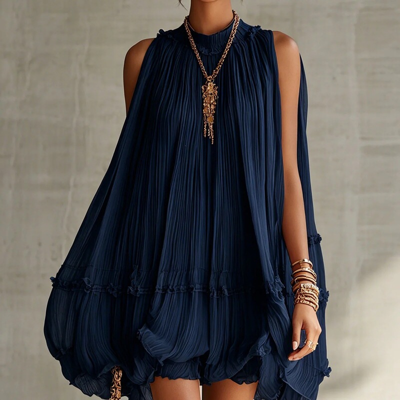 2026 Amazon Cross-Border Sleeveless Pleated Elegant Short Dress for Women, Loose A-Line Doll Dress for Vacation 2026 Amazon Cross-Border Sleeveless Pleated Elegant Short Dress for Women, Loose A-Line Doll Dress for Vacation