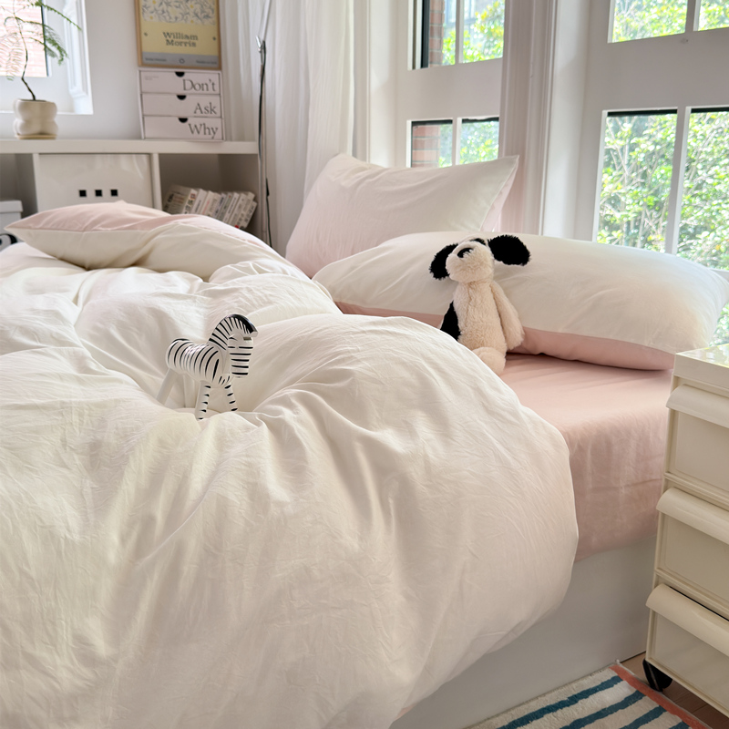 Washed Cotton Four-piece Bedding Set With Fitted Sheet For Home_voghion.com