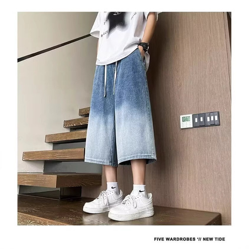 Black and gray denim capris men's summer thin loose straight over-the-knee shorts American retro washed wide-leg pants