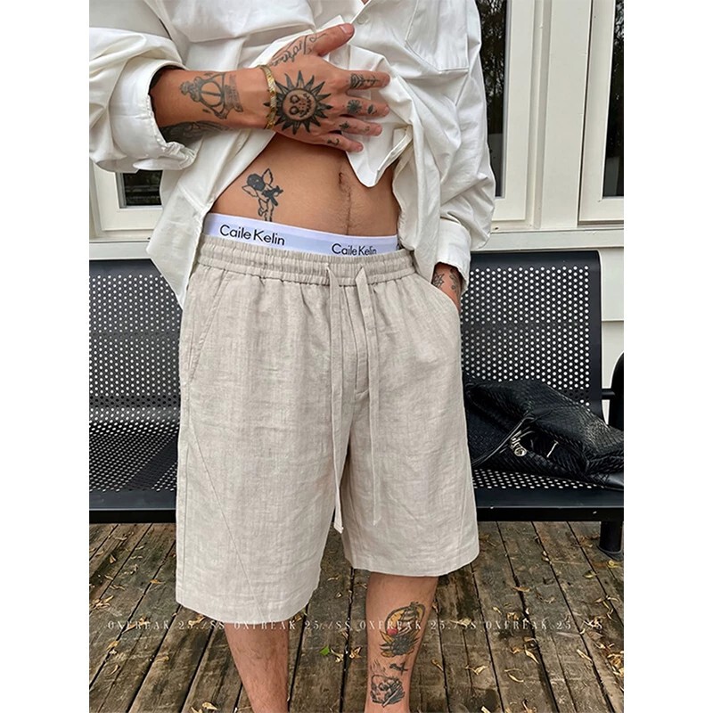 Coffee-Colored Diagonal-Cut Faux Linen Casual Shorts for Men, Summer Thin Breathable Outerwear, Five-Point Cotton-Linen Pants, Loose Mid-Length Pants Coffee-Colored Diagonal-Cut Faux Linen Casual Shorts for Men, Summer Thin Breathable Outerwear, Five-Point Cotton-Linen Pants, Loose Mid-Length Pants