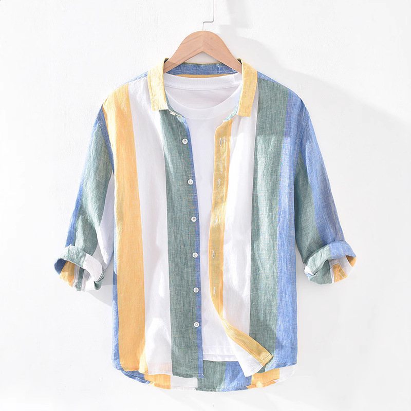 Wholesale Striped Linen Shirt Men Trendy 7/8 Sleeve Summer Japanese Style Mid-Sleeve Loose Korean Version Trendy Half-Sleeve Shirt